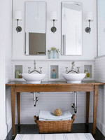 Beaded birch paneling, used horizontally in a contemporary bathroom