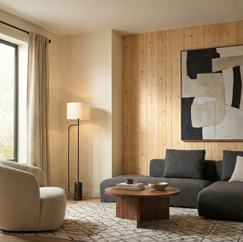 This vertical Rustic Pine 9 Groove wood paneling features a warm, natural unfinished light pine character with a distinct, mid-century modern architectural feel.
