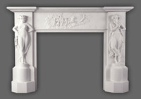 Neoclassical styling marks the Canova marble mantel.  Antonio Canova inspired Dancing Girls, and a center freize depicting goddess of dawn Aurora leading sun god Apollo. Available in White Limestone.