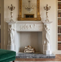 A magnificent tribute to High Renaissance and Neoclassical sculpture, this Italian-style mantel the Canova, is an exceptional architectural statement. Masterfully sculpted from pristine white marble, the piece replaces traditional columns with beautifully carved, lifelike human figures, bringing an air of gallery-worthy fine art and historic European luxury to grand drawing rooms, salons, or formal libraries.