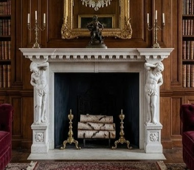 Here is a grand library scene that I believe perfectly complements the intricate neoclassical style of The Hercules #350 mantel. The white marble mantel  complete with its detailed telamone figures and ornate cornice, serves as the centerpiece.