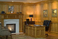 The Oxford mantel surrounds our Hampton Court Limestone mantel in this image