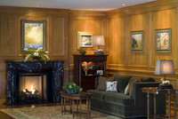 A marble fireplace mantel is a fine focal point