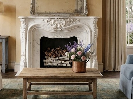 This beautifully Orleans #105 curated living space perfectly demonstrates how a highly decorative, historic marble mantel seamlessly integrates into a refined French Country or Provencal estate setting. The room balances old-world architectural grandeur with soft, rustic textures to create an atmosphere of effortless luxury.
