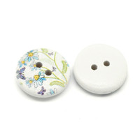 White Painted Floral Wood Button Two Hole (Design no.8) 15mm