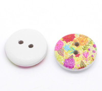 White Painted Floral Wood Button Two Hole (Design no.16) 15mm