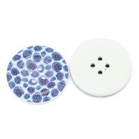 White Wood Painted Button Blue Floral Design Four Hole 40mm