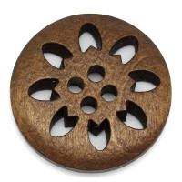 Round Laser Cut Snowflake Wood Button Four Hole Dark Brown 25mm