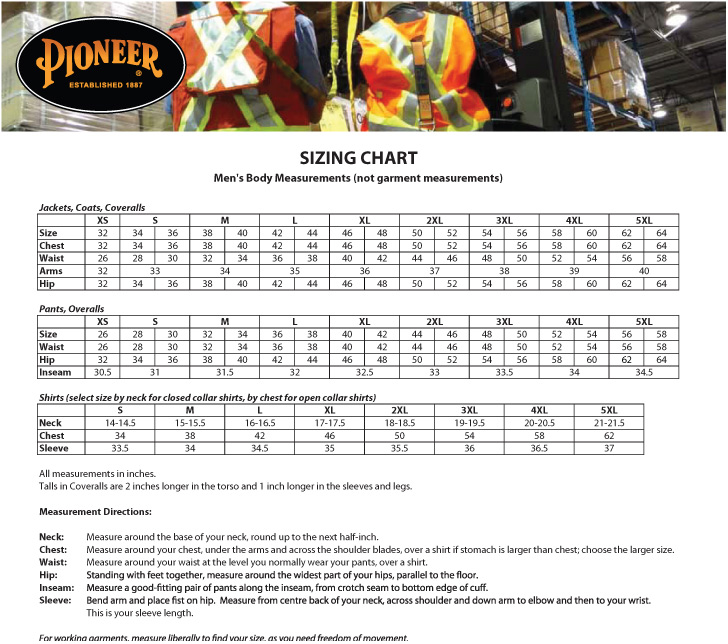 Pioneer Size Chart | Safetywear.ca