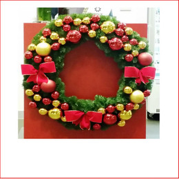 Decorated Designer Wreath, Traditional. Decorated Christmas Wreath by our team of designers at Father Christmas tailored to your colour theme and expectations. Contact us by email info@fatherchristmas.net.au or ph: 1300 455 298 for an extensive Quote on your requirements.