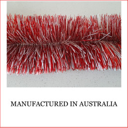 Australian manufactured 4 Ply Tinsel Garland - Red and White (100mm x 5.5m). Very thick and lush commercial grade tinsel made right in Australia. 
We cannot emphasize how beautiful this tinsel looks. Currently in very high demand for corporate clients from shopping centres, RSL's, car yards and various businesses from fruit shops to offices and building foyers. 
Made in Australia from quality raw materials that strengthen the garland tinsel which ensures a longer lasting product.
Colours also Available: Black, Cerise, Electric Blue, Gold, Green, Lime, Orange, Purple, Red, Royal Blue, Silver, White