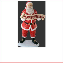 Polyresin Santa with Merry Christmas Banner 145cm, a beautiful centre piece in your christmas display, large christmas decor at its best, plenty of fantastic detail on the sack where the presents are showing. Santa Clause is coming to town with his christmas sack full of presents, a must for your christmas display.