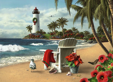 White Adirondack Chair on Beach with Lighthouse Holiday 