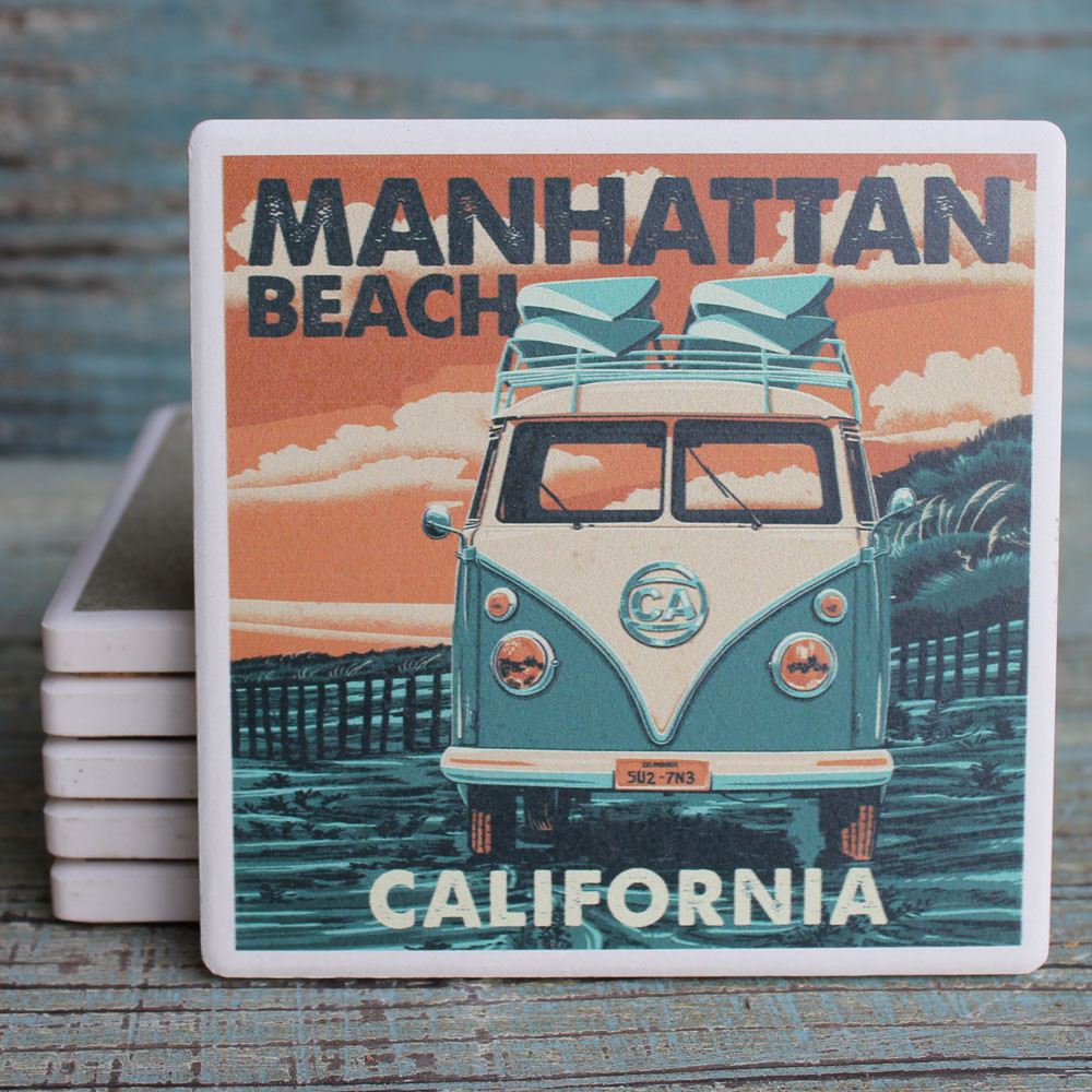 Manhattan Beach VW Van Absorbent Beverage Coaster Lantern Press