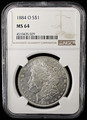 1884-O $1 US MORGAN SILVER DOLLAR - NGC MS 64