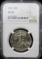 1942 US 50C SILVER Walking Liberty Half Dollar - NGC AU 58