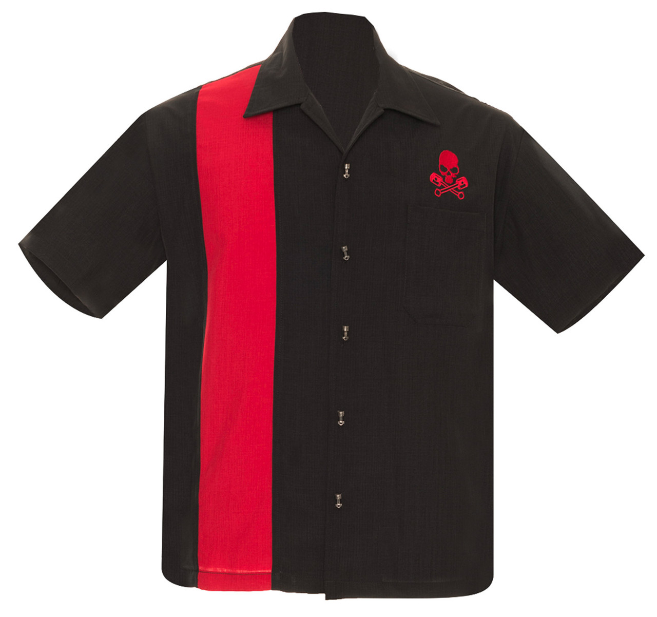 Steady Clothing Skull Piston Button Up Bowling Shirt Black Red ...