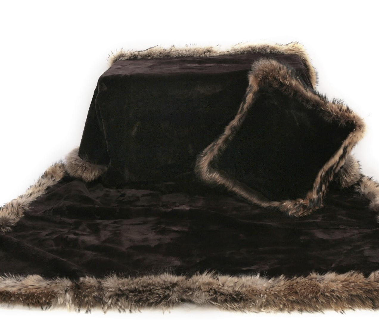 Wolfie Furs Midnight Black Genuine Mink Fur Throw Blanket W Fox Trim