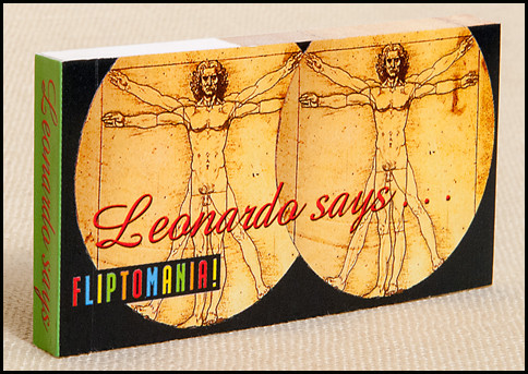 Leonardo Says... flip book has Leonardo da Vinci's famous Vitruvian “Man on the Circle" go though a series of iron-pumping "he-man" poses.