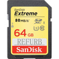 Specifications
Storage: 64 GB
Read Speed: up to 80 MB/s2
Write Speed: up to 40 MB/s2
Video Speed: C10, U3
Form Factor: SDXC
Up to 80 MB/s2 Read Speed for Faster Performance
With read speeds as fast as up to 80MB/s, this card unleashes the full shooting potential of your advanced camera or DSLR. Take advantage of advanced functions such as fast action shots, continuous burst mode and multiple frames per second. Photos are written to your card almost instantly so you'll get your best shot, and you’ll save time moving it all from your camera to your computer.

Extended Capacity Holds High-Resolution Photos and Videos
With capacities from 16GB to 64GB3 to capture it all, this SanDisk Extreme  UHS-I Card offers enough room for thousands of high-resolution photos. The card can accommodate high-volume image formats, such as RAW and JPEG, without running out of space. This memory card also provides plenty of room for Full HD videos.

Flawless Full HD Video Recording
With Class 10 and UHS Speed Class 3 (U3)4 video ratings you'll be ready to capture cinema quality 3D and Full HD5 video (1920x1080x30fps), which require more performance than ordinary cards can handle. This memory card's accelerated minimum sustained write speeds ensure no video data is lost during recording, by reducing dropouts and stuttering.

Error Correction for Enhanced Reliability
Thanks to its Advanced Error Correction Code engine, the SanDisk Extreme SDHC and SDXC UHS-I card reduces the chance for error during data storage and retrieval. Prevents potential data corruption, providing high data integrity.

Fast Transfer Speed Reduces Upload Time
SanDisk Extreme SDHC or SDXC UHS-I cards boast a read speed of up to 90MB/s, so you can transfer photos and videos to your computer quickly. You'll spend less time uploading photos and more time editing, storing, and sharing.

ble Design
Designed and tested to withstand the toughest conditions, all card6 capacities are waterproof shockproof and X-ray proof. It can operate in temperatures ranging from -13 to 185 degrees Fahrenheit, so you can snap the perfect shot in almost any climate.