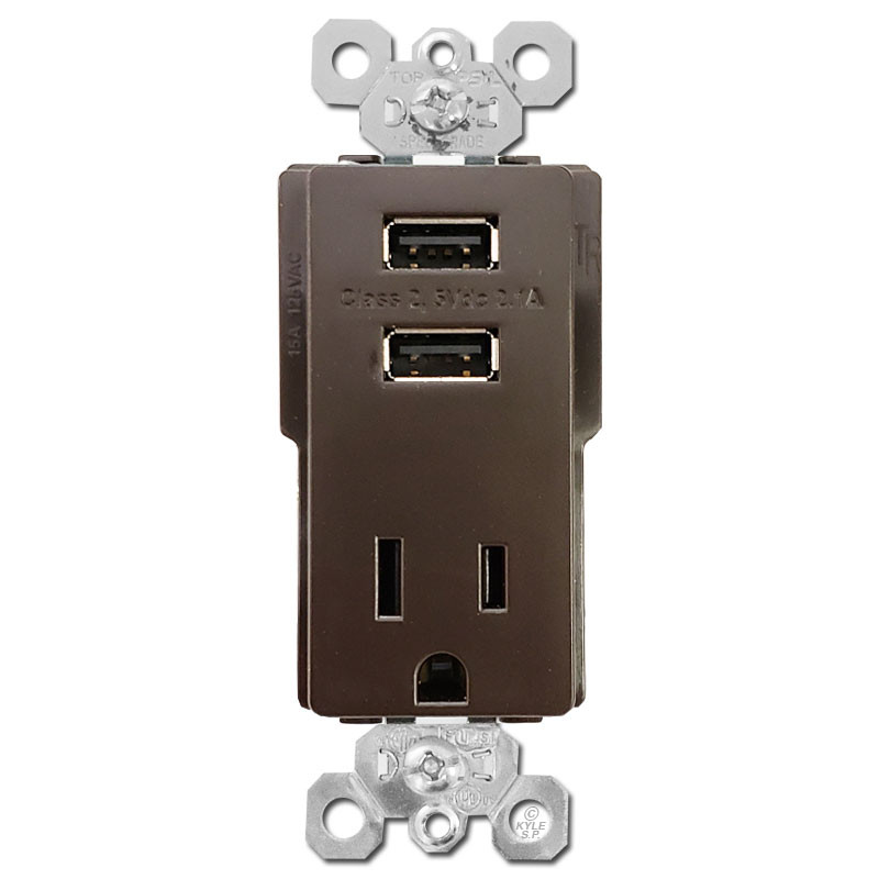 Electrical Outlet USB Dual Port 15A Wall Socket Brown