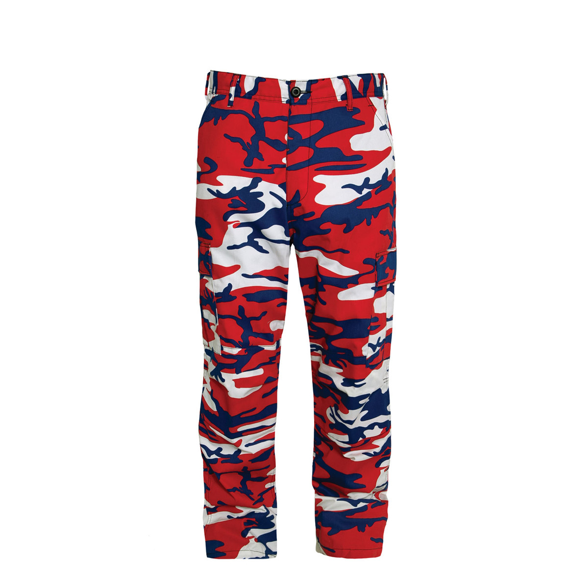 camo pants with red and blue stripe