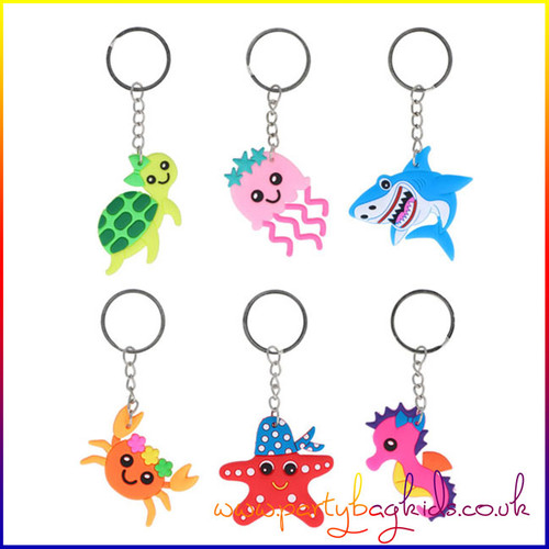 A collection of 6 bubbly Sea-life keychains in assorted designs, ideal for party favours, lucky dip prizes, or stocking fillers for kids.