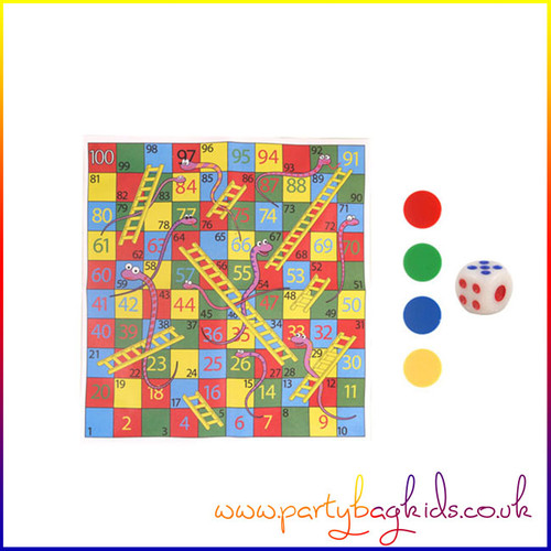 A pack of 4 mini Snakes and Ladders games with colourful boards and dice, perfect for kids' party bags, prizes, or table activities.