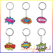 A collection of 6 Comic impact keychains in assorted designs, ideal for party favours, lucky dip prizes, or stocking fillers for kids.