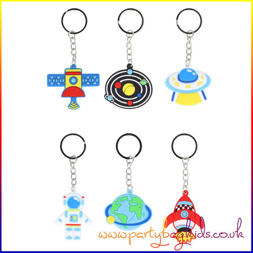 A collection of 6 Space themed keychains in assorted designs, ideal for party favours, lucky dip prizes, or stocking fillers for kids.