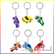 A collection of 6 race car themed keychains in assorted designs, ideal for party favours, lucky dip prizes, or stocking fillers for kids.