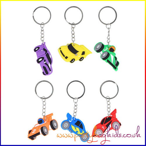 A collection of 6 race car themed keychains in assorted designs, ideal for party favours, lucky dip prizes, or stocking fillers for kids.