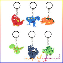 A collection of 6 Dinosaur themed keychains in assorted designs, ideal for party favours, lucky dip prizes, or stocking fillers for kids.