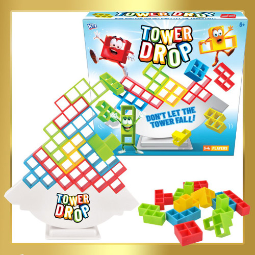 Block Tower Balance Game with cards and colourful blocks, fun family balancing game for children aged 3+