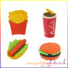 A pack of 4 fast food-themed erasers featuring chips, burger, hot dog, and fizzy cola designs, perfect for kids' party bags or prizes.