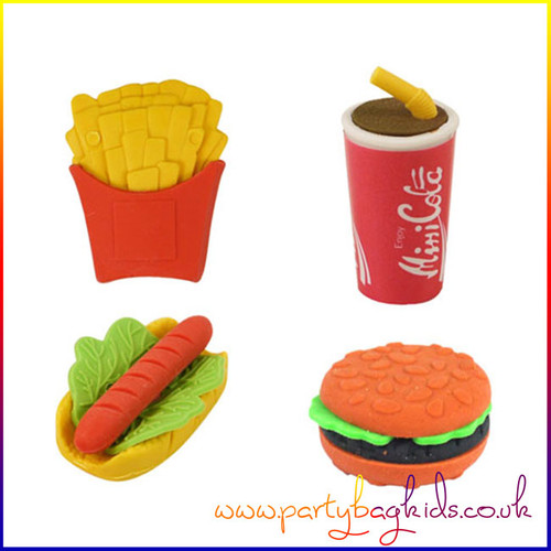 A pack of 4 fast food-themed erasers featuring chips, burger, hot dog, and fizzy cola designs, perfect for kids' party bags or prizes.