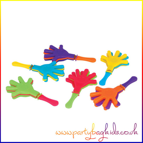 A pack of 4 colourful hand clappers, ideal for kids’ party bags, celebration noisemakers, and lucky dip prizes, in assorted vibrant colours.