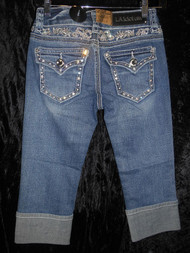 LIGHT WASH DENIM CAPRI WITH RHINESTONE ACCENT ON CUFFS