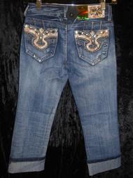 DARK WASH CAPRI WITH GOLD RHINESTONE ACCENT