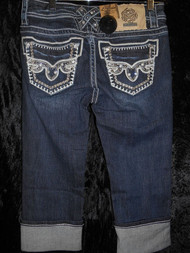 DARK WASH DENIM CAPRI WITH WHITE STITCH AND RHINESTONE ACCENT
