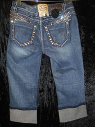 DARK WASH DENIM CAPRI WITH BROWN ANGEL WING ACCENT