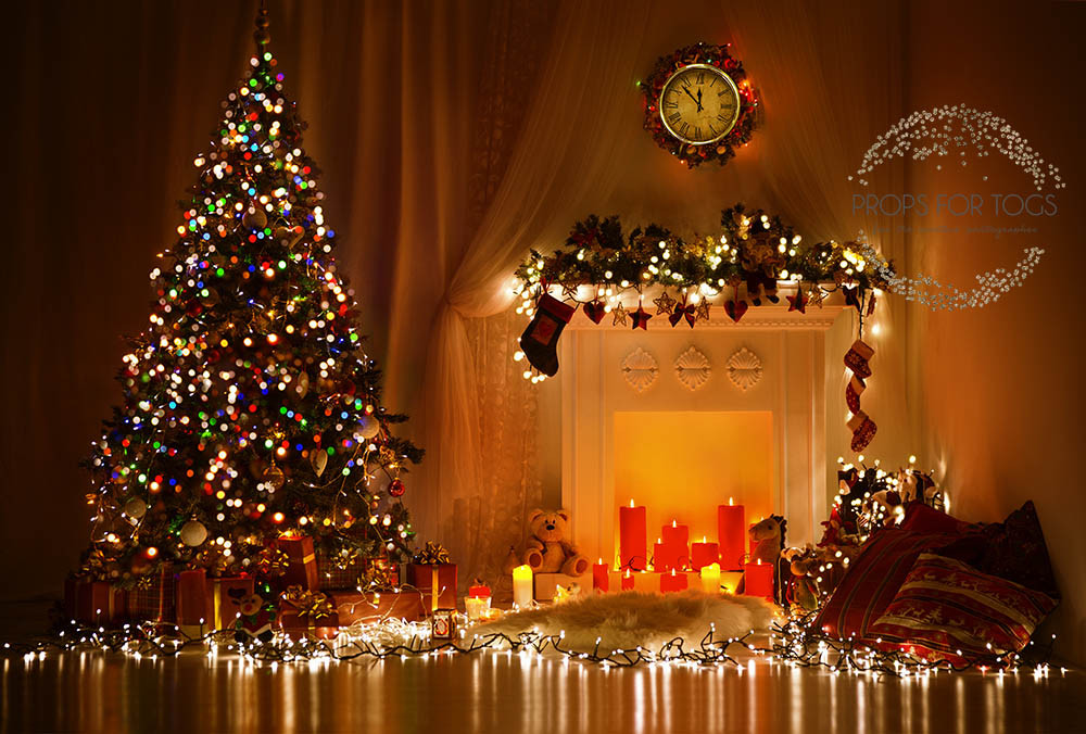 Real Christmas Tree With Fire Night Scene With Fairy Lights Photographer Backdrop Props For Togs