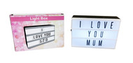 MD2451 Light Box

$5.00 plus GST

Light up your next celebration with our Light Box, perfect for setting the scene at your festivities!  Customise your message to suit the occasion.  Product measures 15 x 10.5 x 4cm. 

Product info: a light box that comes with an assortment of 120 numbers, letters and symbols for you to display messages with.  Comes with 4 AAA batteries.