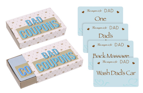 FD2418 Dad Coupons
$2.00 plus GST
Dad will love redeeming his coupons whenever he feels like breakfast in bed or a relaxing foot massage!  Packaging size 9 x 6 x 1.7cm.  Contains 50 coupons.  
Product Info: a box of 50 coupons for Dad like “Sunday Morning Sleep In”, “Breakfast in Bed” etc.