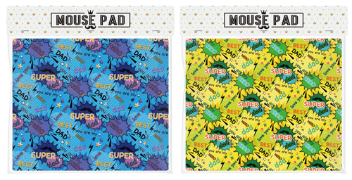 FD2420 Mouse Pad 
$2.00 plus GST
A great eye-catching mouse pad for Dad to enjoy while he is slugging away at work!  Product measures 26 x 22cm.  New design.
Product Info: a mousepad available in 2 colours: blue/purple and yellow/green, featuring a super Dad/best Dad/you are my hero logo.