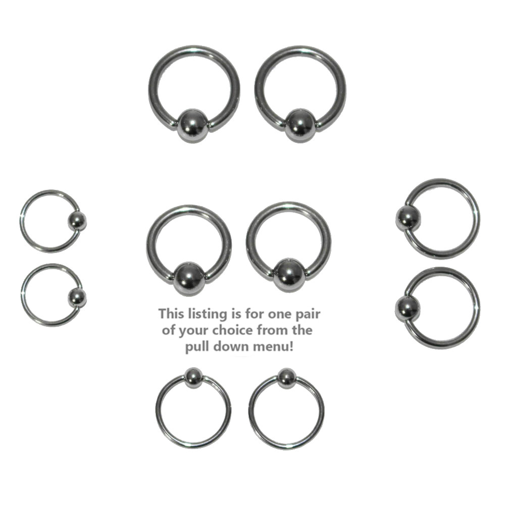 Pair of Steel Captive Bead Ring CBR Earrings 20,18,16,14 Gauge