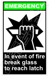 Emergency 032V - in event of fire break glass to reach latch
