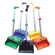 Black, Red, Blue, Green and Yellow.  Clip on handle to hold broom upright.