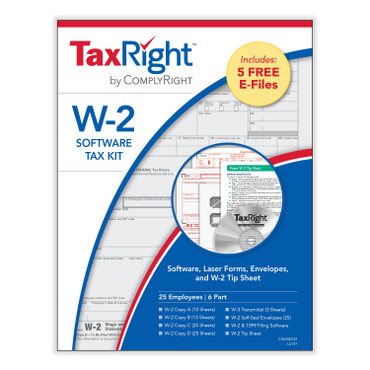 TaxRight W-2 Software Kit for 25 Employees. Kit includes filing software with FREE efile, and 25 forms and envelopes. (Item # C5650ES25)