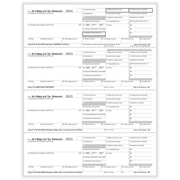 W-2 4-UP Horizontal Employee Copy B,C, 2 & 2. (Item # 5206)  2025